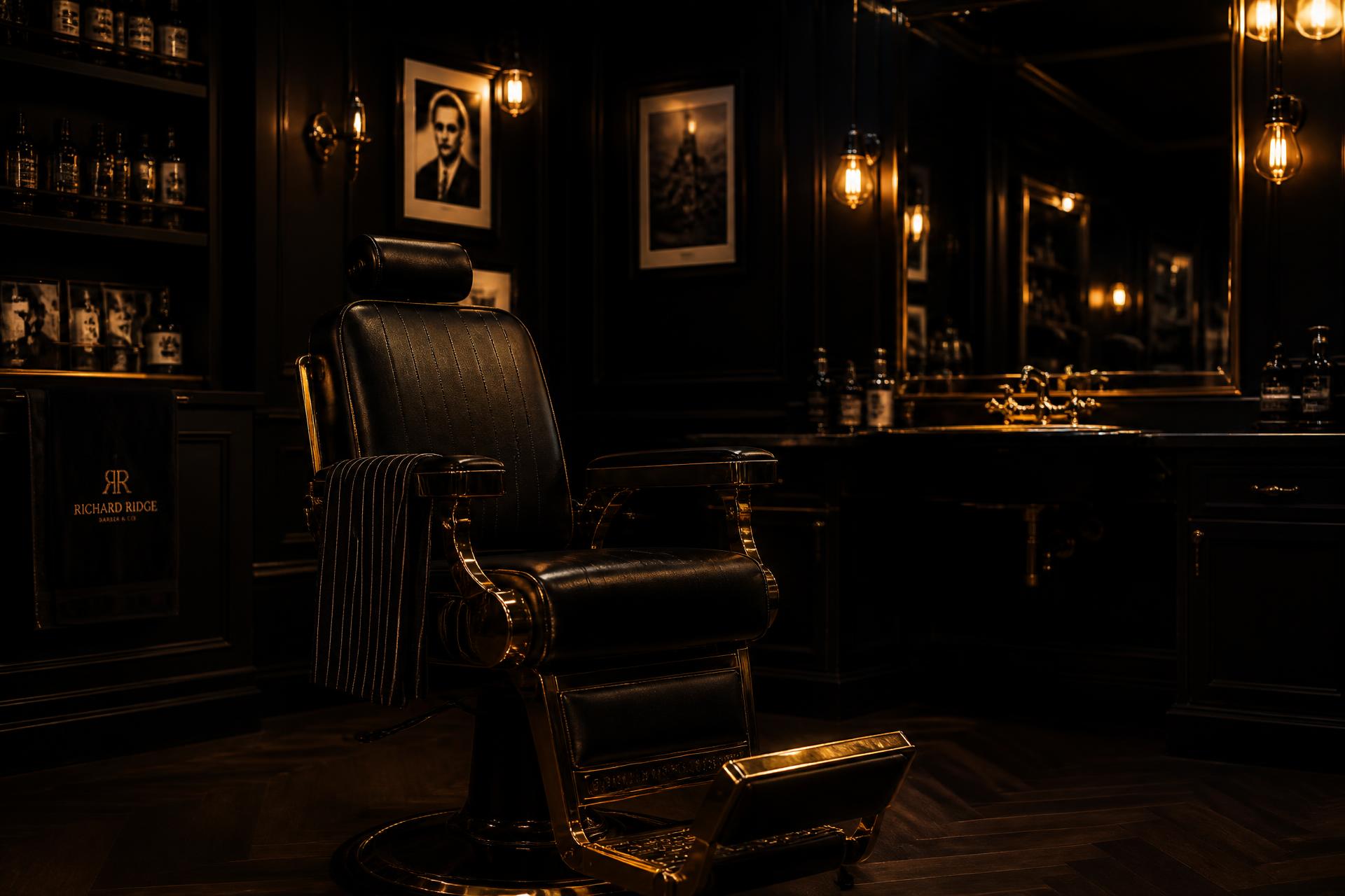 Dark luxury barbershop interior with a gold barber chair